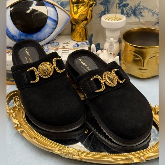 🆕 KURT GEIGER LONDON 🧿 NWOB Kensington Medallion Black Suede Mules, Sz 37 US 7 - Picture 4 of 13